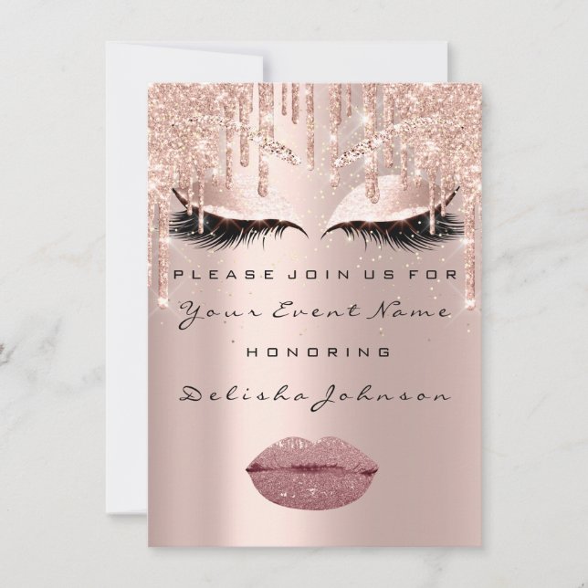 Invitación Dulce 16º Purpurina de gotas Lips de Rosa de maqui (Anverso)