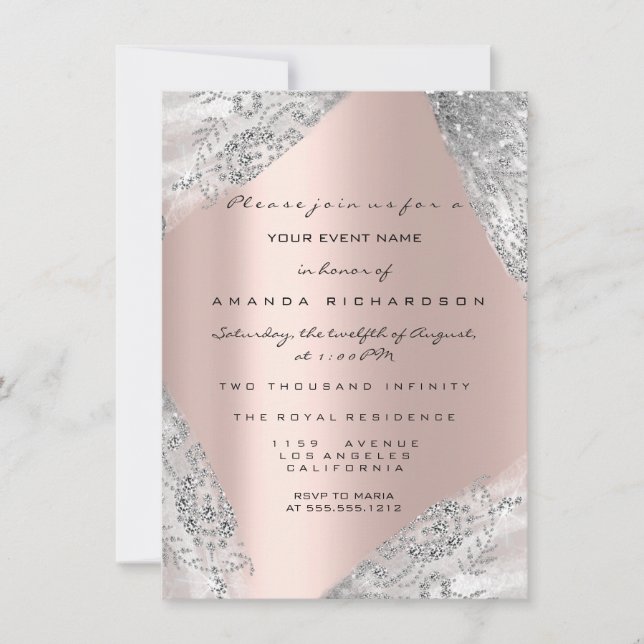 Invitación Dulce 16º Vestido Chispa Rosa Diamante Gris Platea (Anverso)