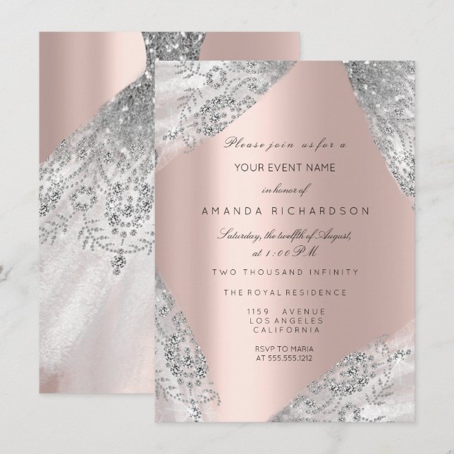 Invitación Dulce 16º Vestido Chispa Rosa Diamante Rosa Plata (Anverso / Reverso)