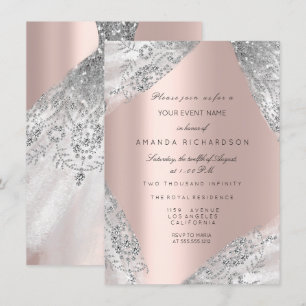 Invitación Dulce 16º Vestido Chispa Rosa Diamante Rosa Plata
