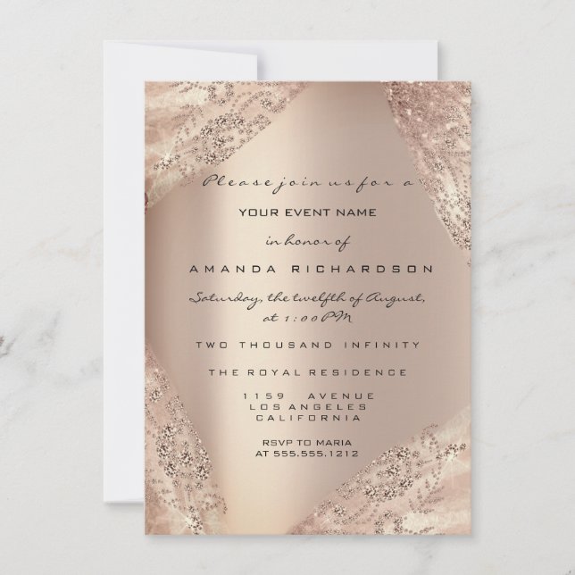 Invitación Dulce 16º Vestido Chispa Rosa Oro Ombre (Anverso)