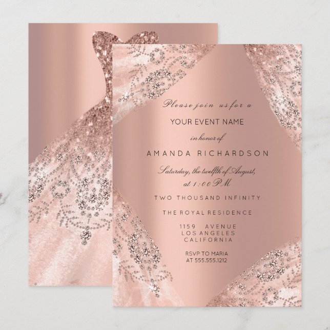 Invitación Dulce 16º Vestido Chispa Rosa Oro Peach Diamante (Anverso / Reverso)
