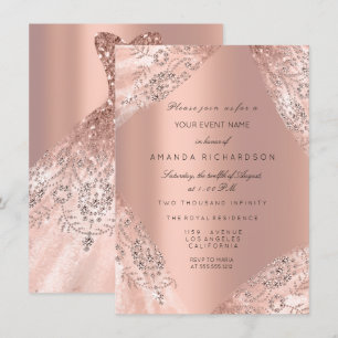 Invitación Dulce 16º Vestido Chispa Rosa Oro Peach Diamante