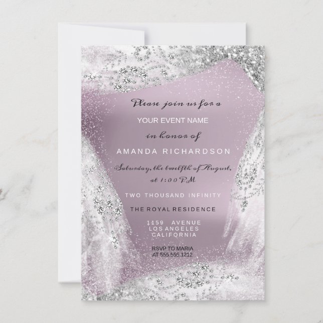 Invitación Dulce 16.ª Bridal Diamante Vestido berenjena Plata (Anverso)