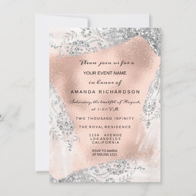 Invitación Dulce 16.º Rosa de Novias de Diamante Gris Plata (Anverso)