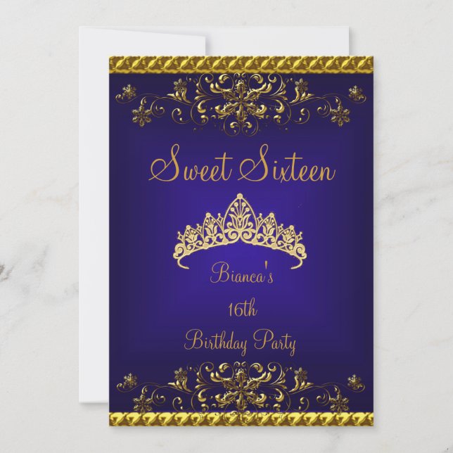 Invitación Dulce 16 16º Deep Blue Gold Diamond Tiara (Anverso)