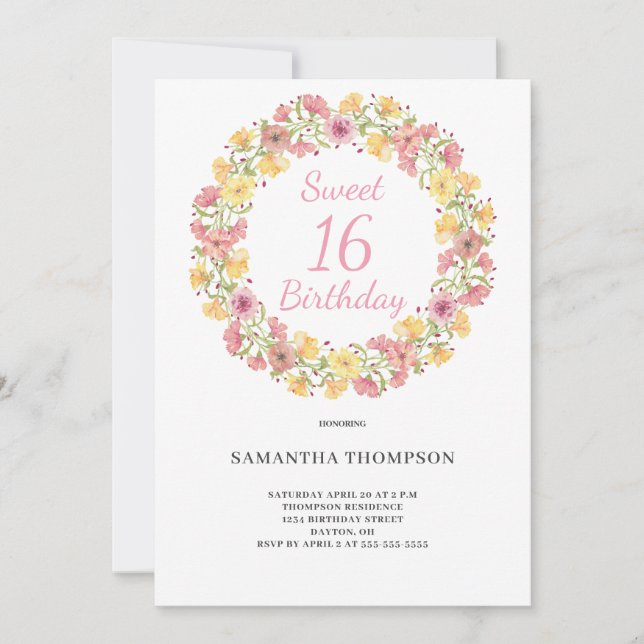 Invitación Dulce 16 acuarela floral rosa Cumpleaños (Anverso)