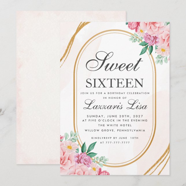 Invitación Dulce 16 Acuarela Floral Rosa Nacimiento (Anverso / Reverso)