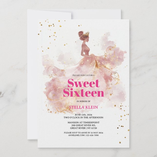 Invitación Dulce 16 acuarela Oro y Purpurina rosa (Anverso)
