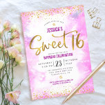Invitación Dulce 16 acuarela rosa Dorada Girly Glam Cumpleaño<br><div class="desc">"Feliz dulce 16". Envíe esta impresionante, sencilla, festiva, moderna, personalizada invitación para una fiesta que recordar. Relieve metalizado de imitación de oro espumoso y pequeños puntos purpurinas de confetti y escritura tipográfica superponen un suave fondo de color rosa de agua. Personalice el texto del personalizado con el nombre de su...</div>