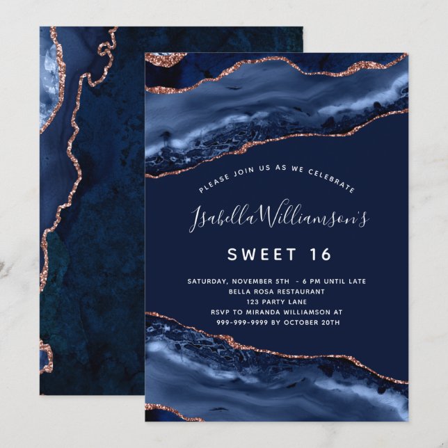 Invitación Dulce 16 agate mármol azul marino rosa oro (Anverso / Reverso)