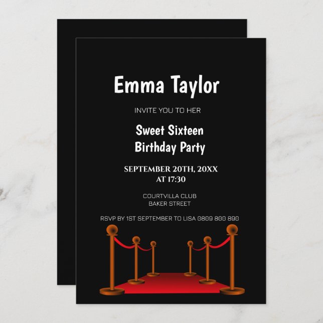 Invitación Dulce 16 Alfombra Roja Hollywood Confetti Cumpleañ (Anverso / Reverso)