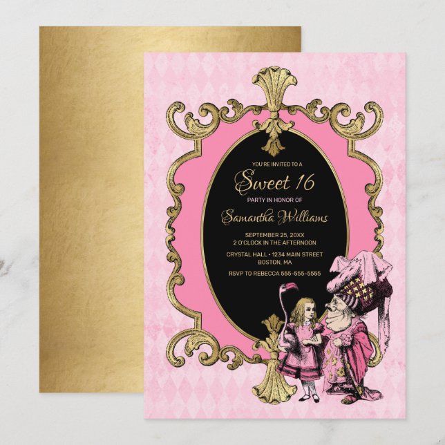 Invitación Dulce 16 Alicia En Fiesta De Oro Rosa De Maravilla (Anverso / Reverso)