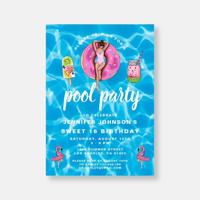 Invitación Dulce 16 Aniversario Cute Fiesta de piscina de ver (Sweet 16 Birthday Cute Pink Summer Pool Party Invitation)