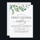 Invitación Dulce 16 Aniversario de la vegetación botánica<br><div class="desc">Las invitaciones a la fiesta de cumpleaños Green Watercolor incluyen una tipografía de escritura hermosa y elegante con un verde moderno y elegante para la celebración especial de cumpleaños Sweet 16 (dulce dieciséis - 16º).</div>