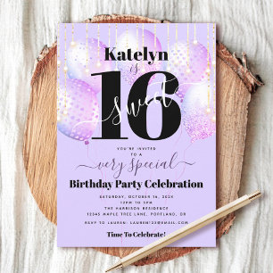 Invitación Dulce 16 Aniversario Morado Globos Negrita Diversi