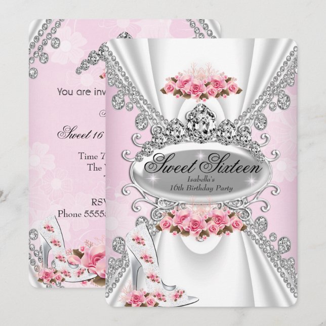 Invitación Dulce 16 Aniversario Princesa Rosa Tiara Talla Ros (Anverso / Reverso)