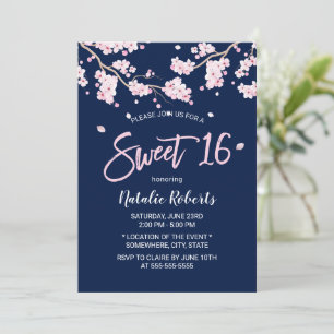Invitación Dulce 16 Azul marino de flores rosadas con flores