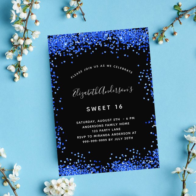 Invitación Dulce 16 azul real negro brillante lujo (Subido por el creador)