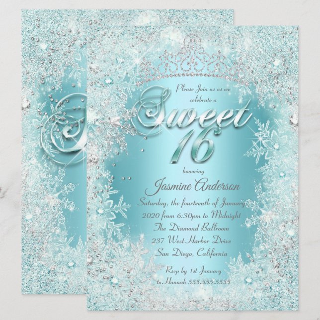 Invitación Dulce 16 azul Verde azulado Silver Winter Wonderla (Anverso / Reverso)