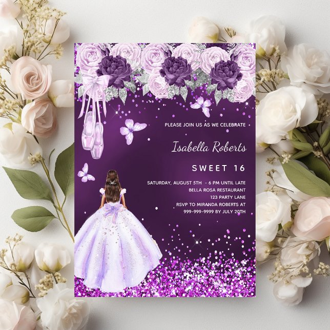 Invitación Dulce 16 bailarinas púrpura vestido de flores (Subido por el creador)