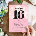 Invitación Dulce 16 Balcanes rosados de cumpleaños Dorado Gir<br><div class="desc">Esta invitación es una gran manera de hacer que su hija celebre su cumpleaños con todos sus amigos. Envíe esta impresionante, simple, festiva, moderna, giradamente personalizada invitación. Tipografía negrita, gráfica, negra y escritura manuscrita superponen globos rosados y luces de cuerda brillantes de oro en un fondo rosa suave y claro....</div>