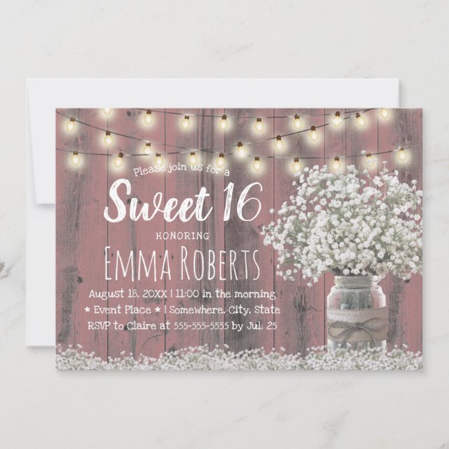 Invitación Dulce 16 Bebés Rústicos Respiración Floral Jar Mad (Anverso)