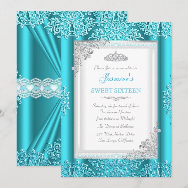 Invitación Dulce 16 Blue Verde azulada Silver Lace Damask Tia (Anverso / Reverso)