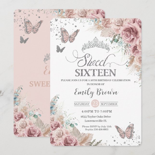 Invitación Dulce 16 Boho Rubor Dusty Rosa Floral Pampas Grass (Anverso / Reverso)