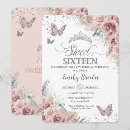 Invitación Dulce 16 Boho Rubor Dusty Rosa Floral Pampas Grass
