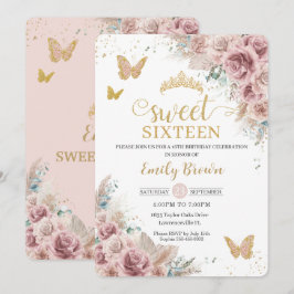 Invitación Dulce 16 Boho Rubor Dusty Rosa Floral Pampas Grass