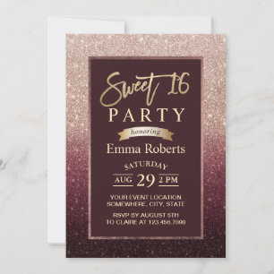 Invitación Dulce 16 Borgoña y Rosa Ombre Ombre Cumpleaños