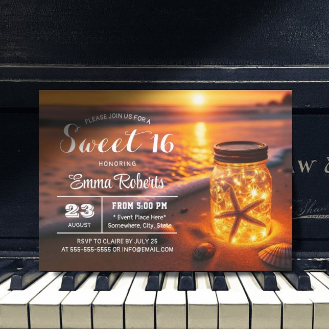 Invitación Dulce 16 Brillante Mason Jar Sunset Beach Cumpleañ (Subido por el creador)