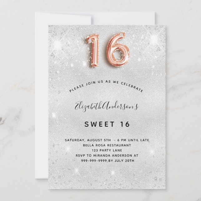 Invitación Dulce 16 brillantes dorados rosa plateado (Anverso)