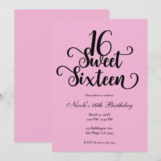 Invitación Dulce 16 Bubblegum fiesta de cumpleaños rosado y n (Anverso / Reverso)