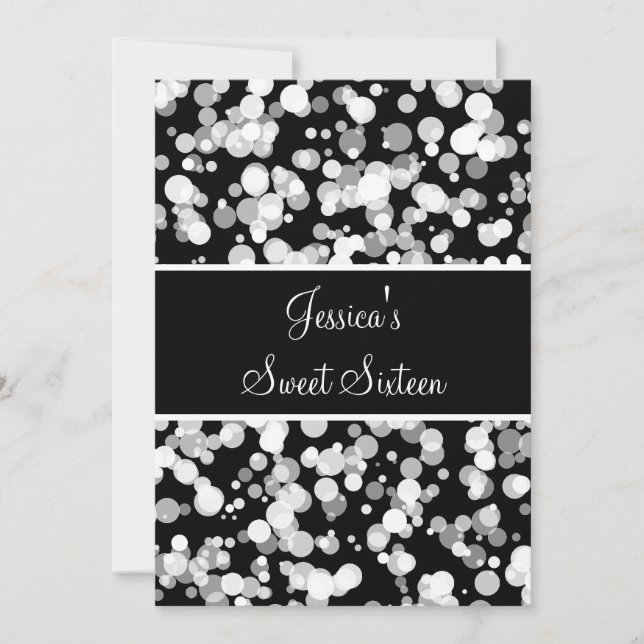 Invitación Dulce 16 burbujas gris negro y blanco (Anverso)