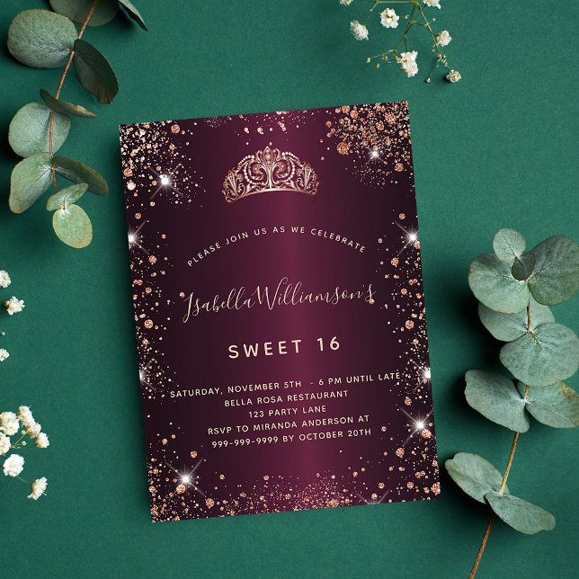 Invitación Dulce 16 burdeos rosa oro purpurina polvo tiara (Subido por el creador)
