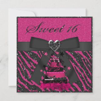 Invitación Dulce 16 Cebra Purpurina Faux Rosa y Negro