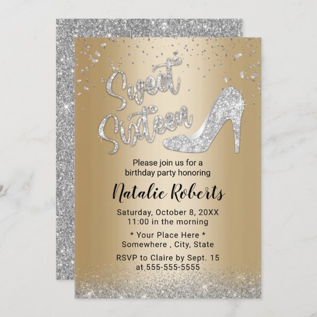 Invitación Dulce 16 Chica de oro y plata moderno 16º cumpleañ (Anverso / Reverso)