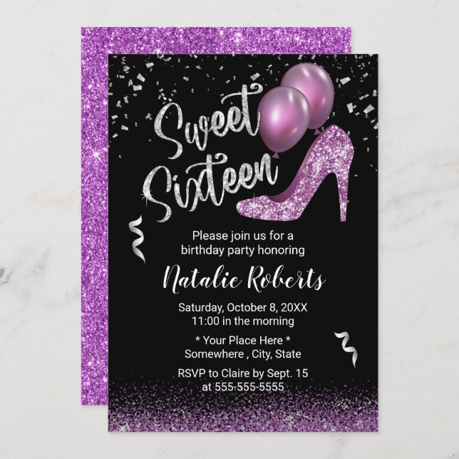 Invitación Dulce 16 Chica Purpurina púrpura moderno 16 cumple (Anverso / Reverso)