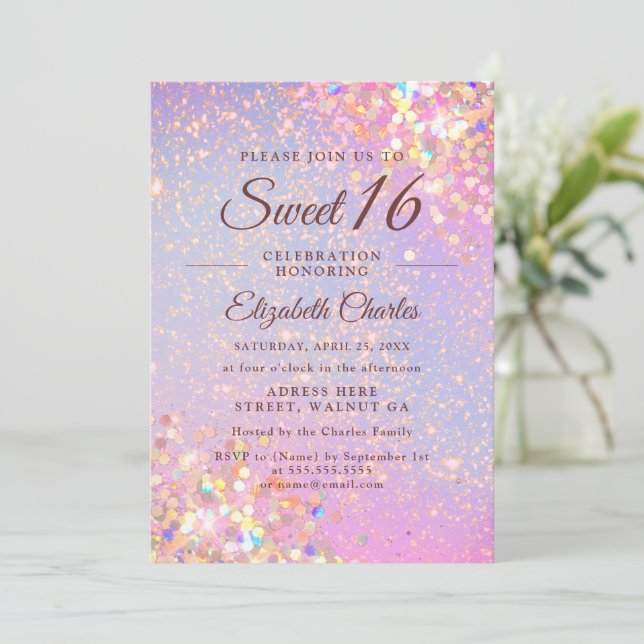 Invitación Dulce 16 Chica Rosa de cumpleaños Purpurina de oro (Anverso de pie)