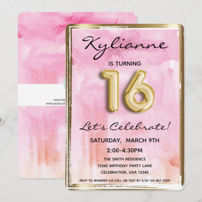 Invitación Dulce 16 Chicas Cumpleaños Rosa y Oro 16 (Anverso / Reverso)