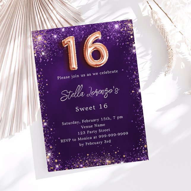 Invitación Dulce 16 chispas de oro rosa morado (Subido por el creador)