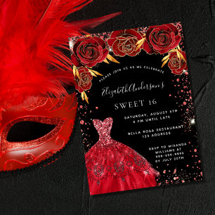 Invitación Dulce 16 chispas negras de color rojo vestido de f