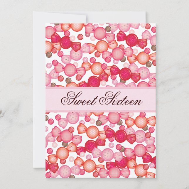 Invitación Dulce 16 colección de dieciséis caramelos en rosa (Anverso)
