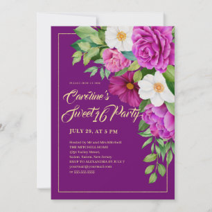 Invitación Dulce 16 Colorido Floral Acuarela Púrpura