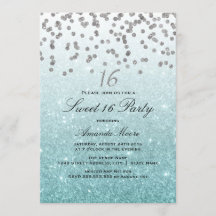 Invitación dulce 16 con confeti de purpurina azul