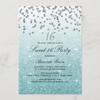 Invitación dulce 16 con confeti de purpurina azul