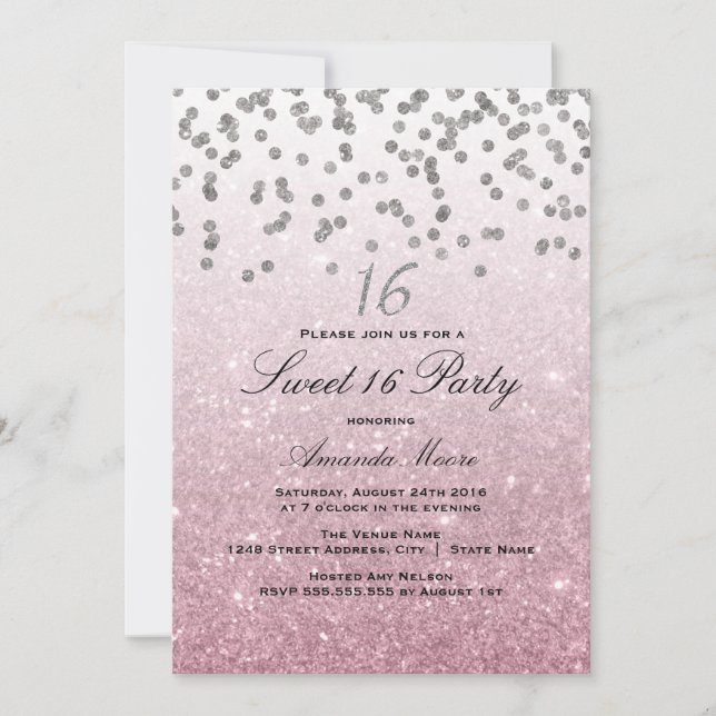 Invitación dulce 16 con confeti de purpurina rosa (Anverso)