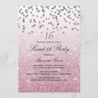 Invitación dulce 16 con confeti de purpurina rosa